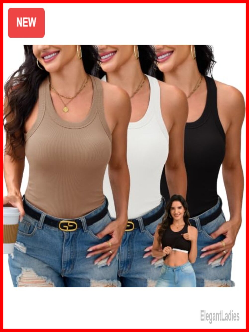 3 Pack Ribbed Tank Tops with Built-in Bras Racerback Scoop Neck Sleeveless